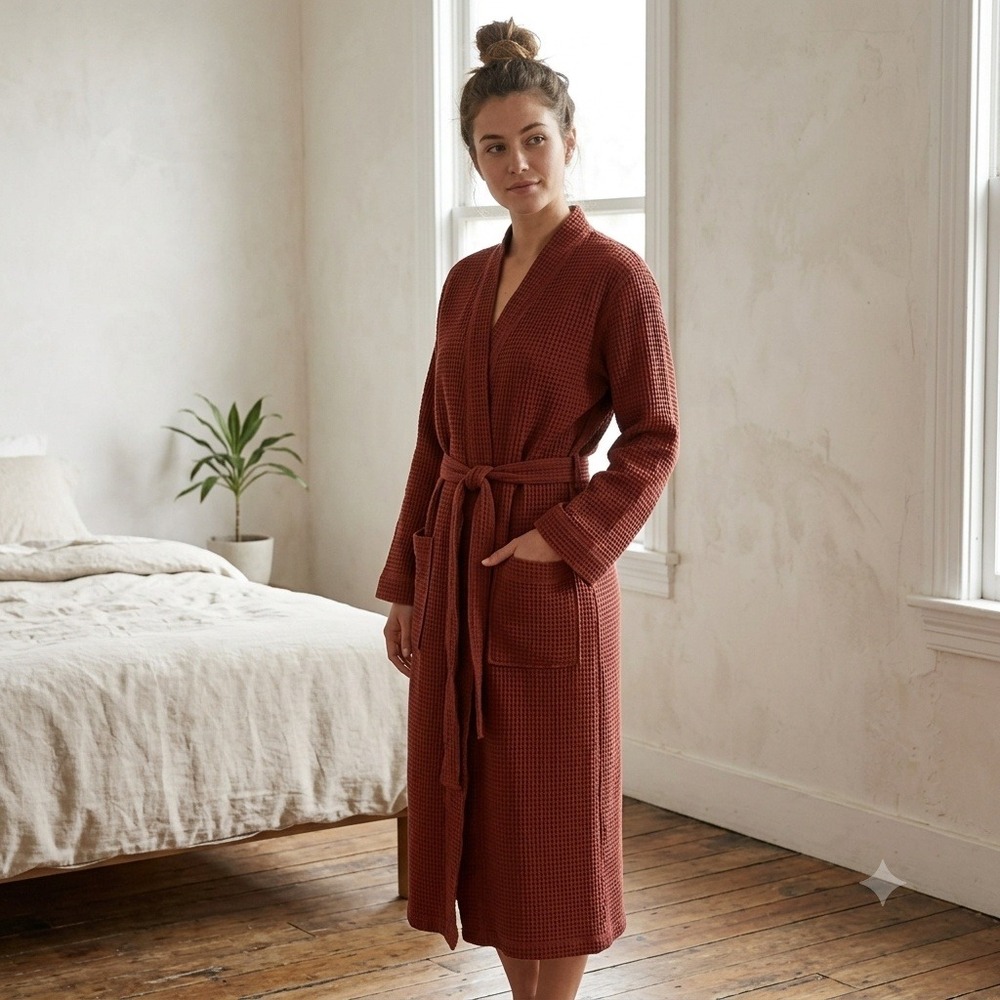 Coyuchi Womens Waffle Robe S/M Red Organic Cotton Belted Pockets Spa Core